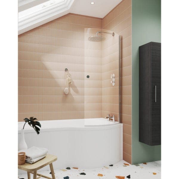 Nuie Bath Screens,Nuie,Bath Accessories Nuie Curved P Shaped Shower Bath Screen With Knob - 1435mm x 720mm - Polished Chrome