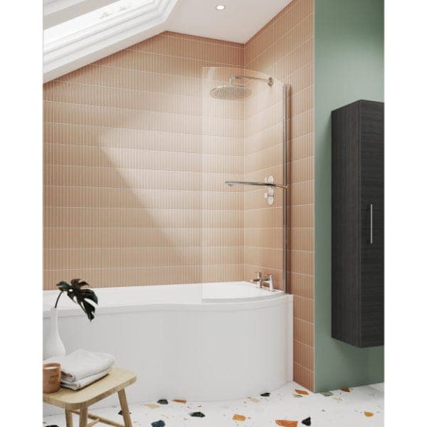 Nuie Bath Screens,Nuie,Bath Accessories Nuie Curved P Shaped Shower Bath Screen With Towel Rail - 1435mm x 720mm - Polished Chrome