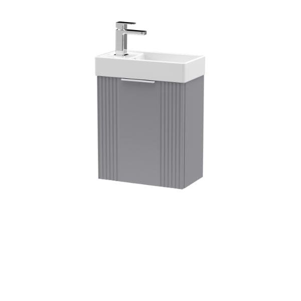 Nuie Wall Hung Vanity Units,Modern Vanity Units,Basins With Wall Hung Vanity Units,Nuie Satin Grey Nuie Deco 1-Door Compact Wall Hung Vanity Unit With Basin 400mm Wide