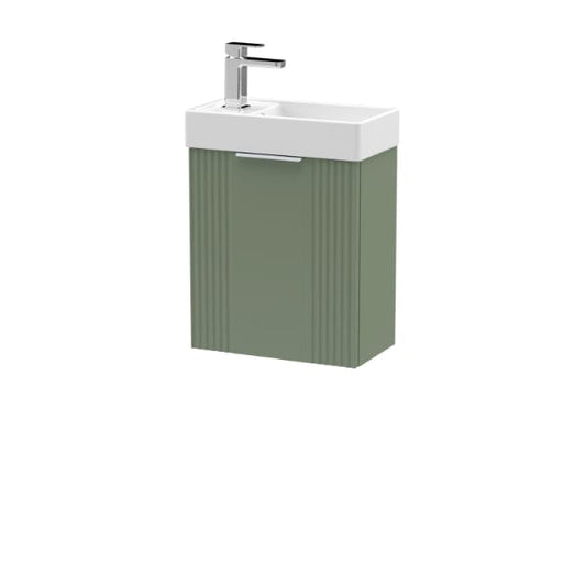 Nuie Wall Hung Vanity Units,Modern Vanity Units,Basins With Wall Hung Vanity Units,Nuie Satin Green Nuie Deco 1-Door Compact Wall Hung Vanity Unit With Basin 400mm Wide