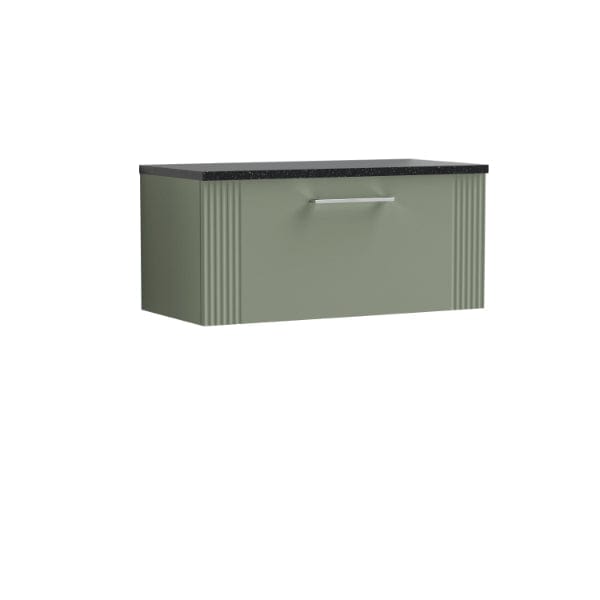 Nuie Wall Hung Vanity Units,Modern Vanity Units,Basins With Wall Hung Vanity Units,Nuie Satin Reed Green / Sparkling Black Worktop Nuie Deco 1 Drawer Wall Hung Vanity Unit 800mm Wide