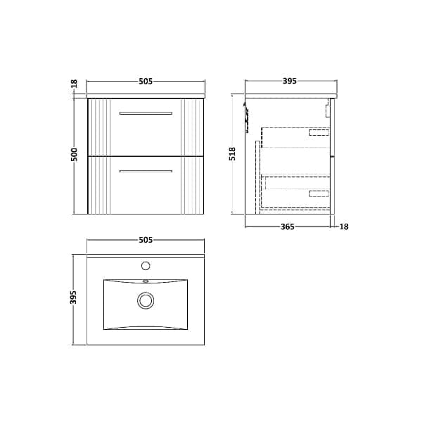 Nuie Wall Hung Vanity Units,Modern Vanity Units,Basins With Wall Hung Vanity Units,Nuie Nuie Deco 2 Drawer Wall Hung Vanity Unit With Basin-2 500mm Wide