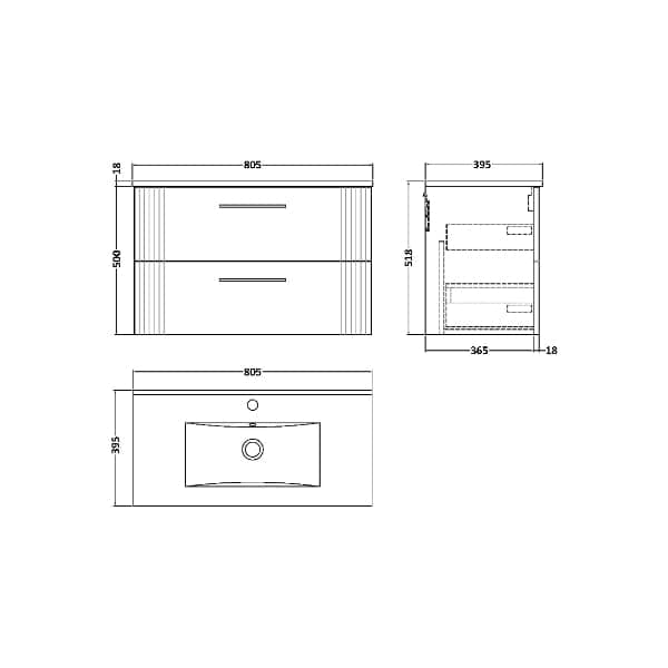 Nuie Wall Hung Vanity Units,Modern Vanity Units,Basins With Wall Hung Vanity Units,Nuie Nuie Deco 2 Drawer Wall Hung Vanity Unit With Basin-2 800mm Wide