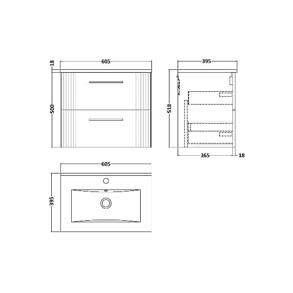 Nuie Wall Hung Vanity Units,Modern Vanity Units,Basins With Wall Hung Vanity Units,Nuie Nuie Deco 2 Drawer Wall Hung Vanity Unit With Basin-3 600mm Wide