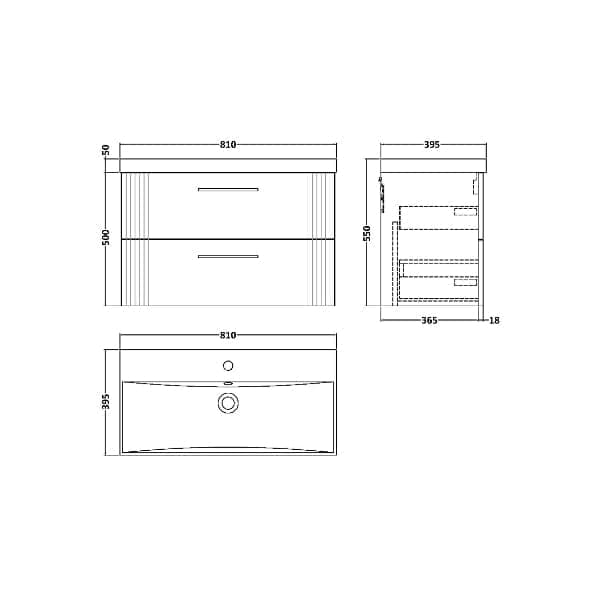 Nuie Wall Hung Vanity Units,Modern Vanity Units,Basins With Wall Hung Vanity Units,Nuie Nuie Deco 2 Drawer Wall Hung Vanity Unit With Basin-3 800mm Wide