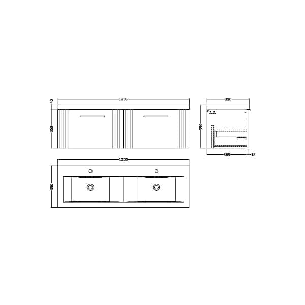 Nuie Wall Hung Vanity Units,Modern Vanity Units,Basins With Wall Hung Vanity Units, Nuie Nuie Deco 2 Drawer Wall Hung Vanity Unit With Double Ceramic Basin 1200mm Wide