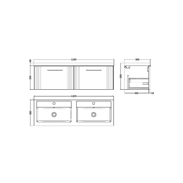 Nuie Wall Hung Vanity Units,Modern Vanity Units,Basins With Wall Hung Vanity Units,Nuie Nuie Deco 2 Drawer Wall Hung Vanity Unit With Double Polymarble Basin 1200mm Wide