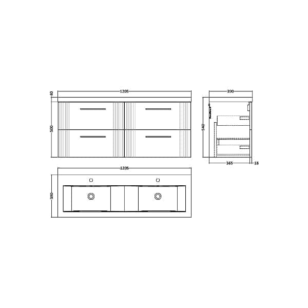 Nuie Wall Hung Vanity Units,Modern Vanity Units,Basins With Wall Hung Vanity Units,Nuie Nuie Deco 4 Drawer Wall Hung Vanity Unit With Double Ceramic Basin 1200mm Wide