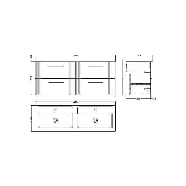 Nuie Wall Hung Vanity Units,Modern Vanity Units,Basins With Wall Hung Vanity Units,Nuie Nuie Deco 4 Drawer Wall Hung Vanity Unit With Double Polymarble Basin 1200mm Wide