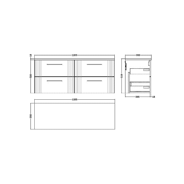 Nuie Wall Hung Vanity Units,Modern Vanity Units,Basins With Wall Hung Vanity Units,Nuie Nuie Deco 4 Drawer Wall Hung Vanity Unit With Worktop 1200mm Wide
