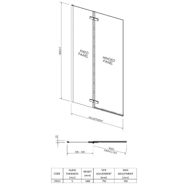 Nuie Bath Screens,Nuie,Bath Accessories Nuie Ella Hinged Shower Bath Screen - 1400mm x 750mm - Satin Chrome