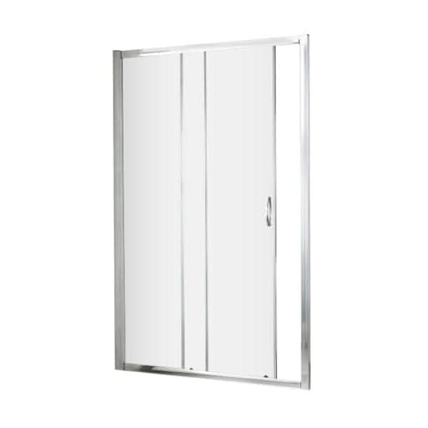 The Nuie Ella Sliding Shower Door in chrome by Nuie features a frameless sliding design, metal handle, and silver frame, displayed upright against a plain white background.