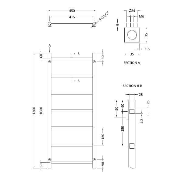 Nuie Straight Designer Heated Towel Rails,Modern Designer Heated Towel Rails Nuie Eton Heated Towel Rail - 1200mm x 450mm - Chrome