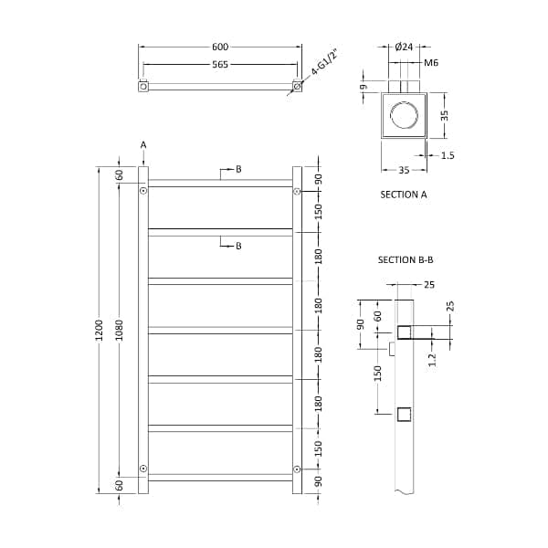 Nuie Straight Designer Heated Towel Rails,Modern Designer Heated Towel Rails Nuie Eton Heated Towel Rail - 1200mm x 600mm - Chrome