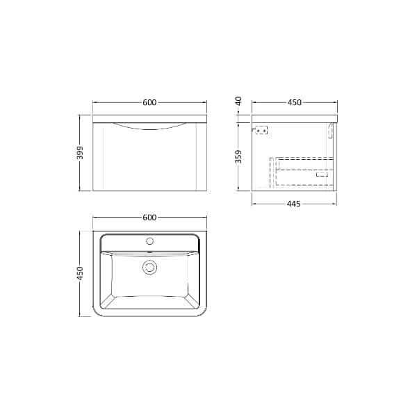 Nuie Wall Hung Vanity Units,Modern Vanity Units,Basins With Wall Hung Vanity Units,Nuie Nuie Lunar 1 Drawer Wall Hung Vanity Unit With Ceramic Basin 600mm Wide