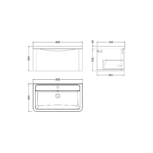 Nuie Wall Hung Vanity Units,Modern Vanity Units,Basins With Wall Hung Vanity Units, Nuie Nuie Lunar 1 Drawer Wall Hung Vanity Unit With Ceramic Basin 800mm Wide