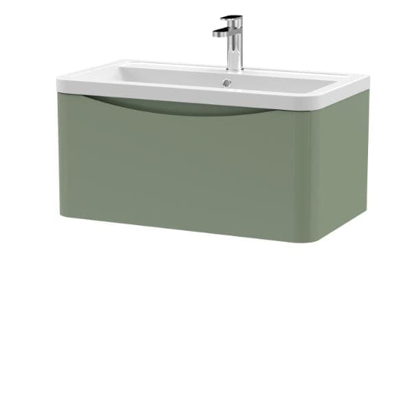 Nuie Wall Hung Vanity Units,Modern Vanity Units,Basins With Wall Hung Vanity Units,Nuie Satin Green Nuie Lunar 1 Drawer Wall Hung Vanity Unit With Ceramic Basin 800mm Wide