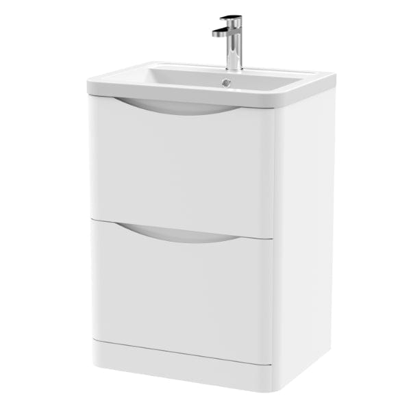 Nuie Floor Standing Vanity Units,Modern Vanity Units,Basins With Floor Standing Vanity Units,Nuie Satin White Nuie Lunar 2 Drawer Floorstanding Vanity Unit With Ceramic Basin 600mm Wide