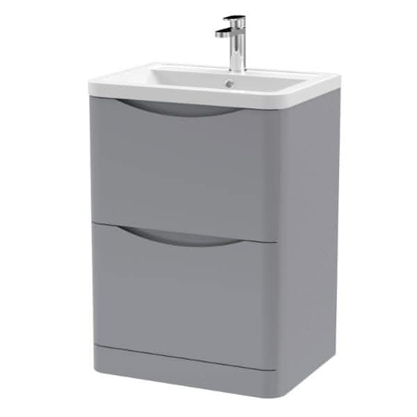 Nuie Floor Standing Vanity Units,Modern Vanity Units,Basins With Floor Standing Vanity Units,Nuie Satin Grey Nuie Lunar 2 Drawer Floorstanding Vanity Unit With Ceramic Basin 600mm Wide