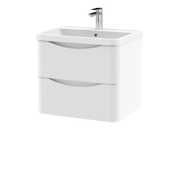 Nuie Wall Hung Vanity Units,Modern Vanity Units,Basins With Wall Hung Vanity Units,Nuie Satin White Nuie Lunar 2 Drawer Wall Hung Vanity Unit With Polymarble Basin 600mm Wide