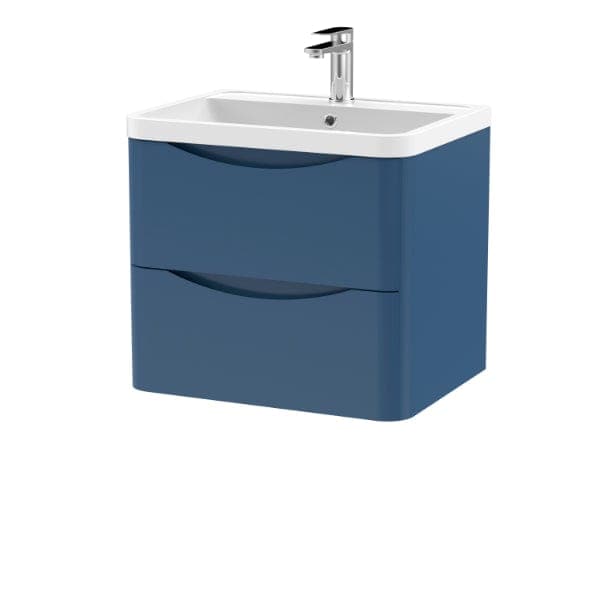 Nuie Wall Hung Vanity Units,Modern Vanity Units,Basins With Wall Hung Vanity Units,Nuie Satin Blue Nuie Lunar 2 Drawer Wall Hung Vanity Unit With Polymarble Basin 600mm Wide