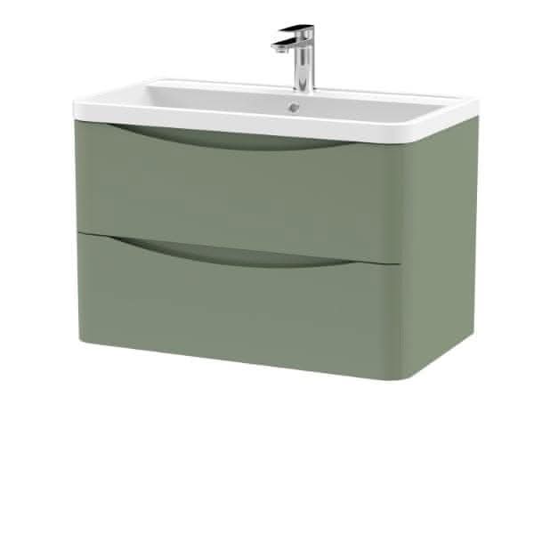 Nuie Wall Hung Vanity Units,Modern Vanity Units,Basins With Wall Hung Vanity Units,Nuie Satin Green Nuie Lunar 2 Drawer Wall Hung Vanity Unit With Polymarble Basin 800mm Wide