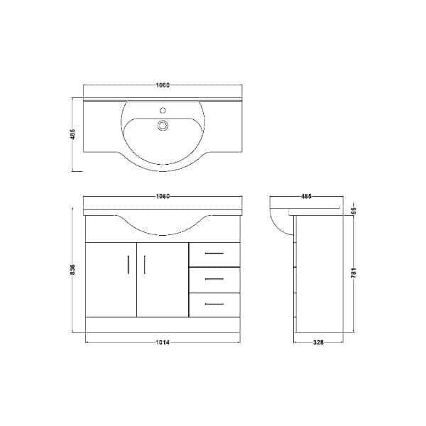 Nuie Floor Standing Vanity Units,Modern Vanity Units,Basins With Floor Standing Vanity Units, Nuie Nuie Mayford 2 Door And 3 Drawer Floorstanding Vanity Unit With Round Basin 850mm Wide - Gloss White