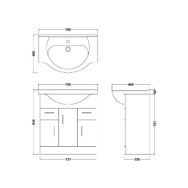 Nuie Floor Standing Vanity Units,Modern Vanity Units,Basins With Floor Standing Vanity Units,Nuie Nuie Mayford 3 Door And 2 Drawer Floorstanding Vanity Unit With Round Basin - Gloss White