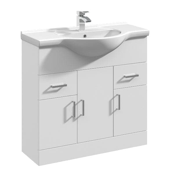 Nuie Floor Standing Vanity Units,Modern Vanity Units,Basins With Floor Standing Vanity Units,Nuie 850mm Nuie Mayford 3 Door And 2 Drawer Floorstanding Vanity Unit With Round Basin - Gloss White