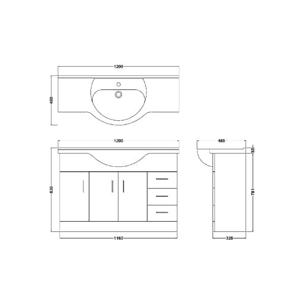 Nuie Floor Standing Vanity Units,Modern Vanity Units,Basins With Floor Standing Vanity Units, Nuie Nuie Mayford 3 Door And 3 Drawer Floorstanding Vanity Unit With Round Basin 850mm Wide - Gloss White