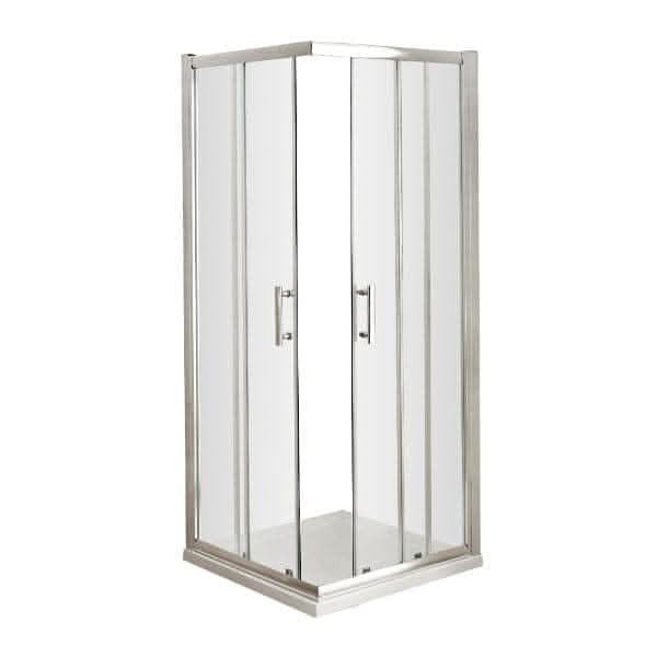 The Nuie Pacific Corner Entry Shower Enclosure in chrome features frameless glass, metal trim, double doors with vertical handles, and stands elegantly on a square base.