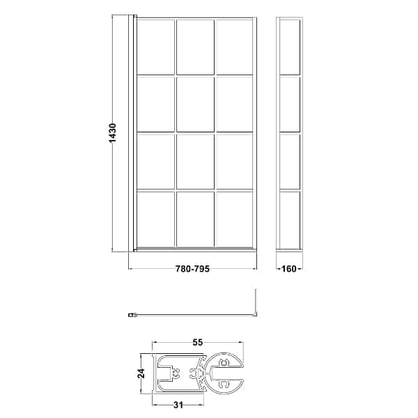 Nuie Bath Screens,Nuie,Bath Accessories Nuie Pacific Framed Shower Bath Screen With Fixed Return - 1430mm x 808mm - Matt Black