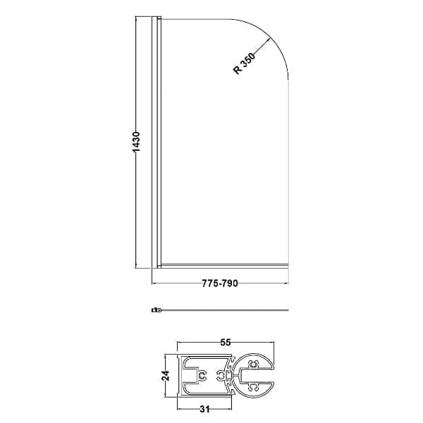 Nuie Bath Screens,Nuie,Bath Accessories Nuie Pacific Round Top Hinged Shower Bath Screen - 1430mm x 785mm - Matt Black