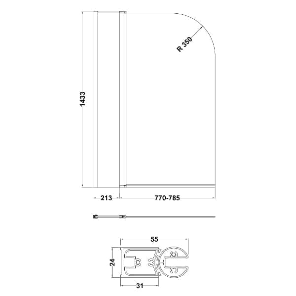 Nuie Bath Screens,Nuie,Bath Accessories Nuie Pacific Round Top Hinged Shower Bath Screen With Fixed Panel - 1430mm x 790mm - Polished Chrome