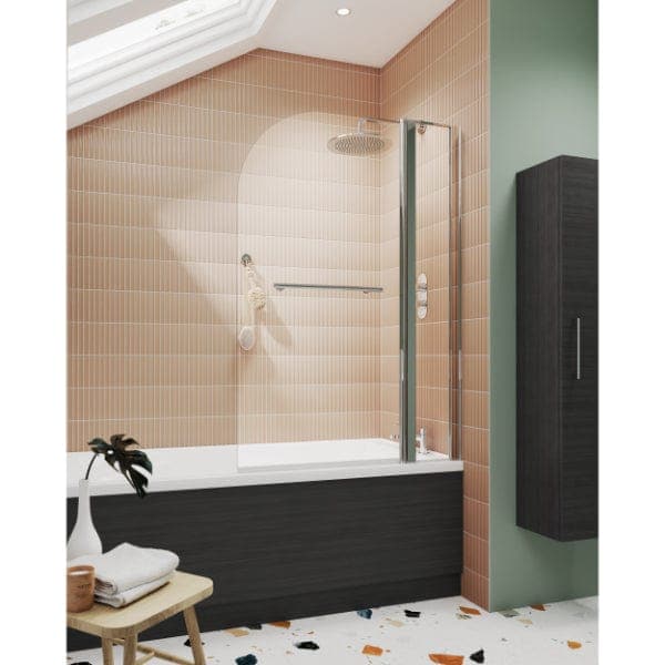 Nuie Bath Screens,Nuie,Bath Accessories Nuie Pacific Round Top Hinged Shower Bath Screen With Fixed Panel And Rail - 1435mm x 1005mm - Polished Chrome