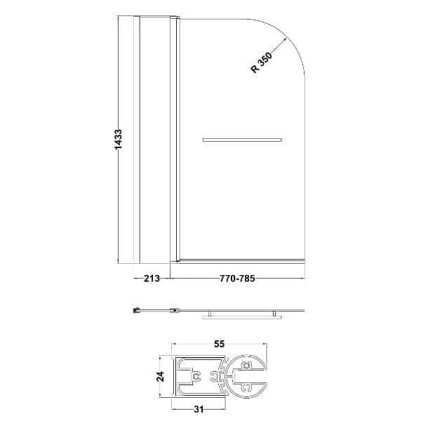 Nuie Bath Screens,Nuie,Bath Accessories Nuie Pacific Round Top Hinged Shower Bath Screen With Fixed Panel And Rail - 1435mm x 1005mm - Polished Chrome