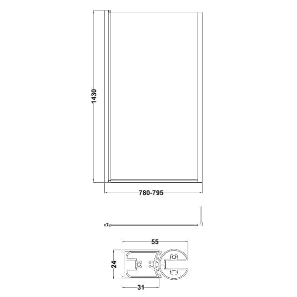 Nuie Bath Screens,Nuie,Bath Accessories Nuie Pacific Square Shower Bath Screen With Fixed Return - 1430mm x 808mm - Matt Black