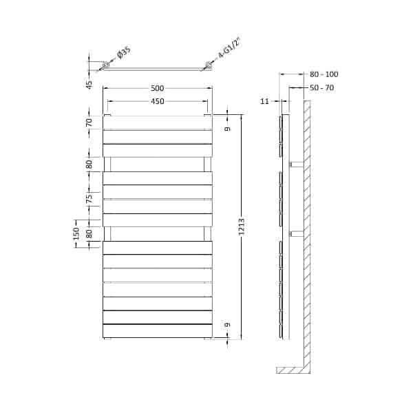 Nuie Straight Designer Heated Towel Rails,Modern Designer Heated Towel Rails Nuie Piazza Designer Heated Towel Rail - 1213mm x 500mm
