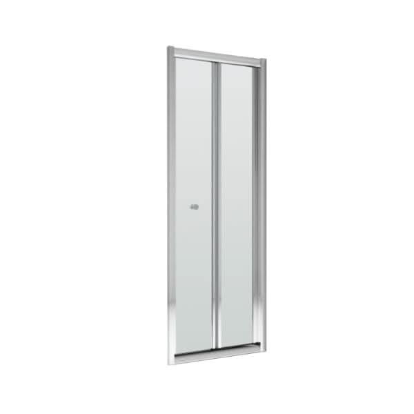 The Nuie Rene Bi-Fold Shower Door - Chrome by Nuie showcases a frameless glass design with a chrome frame and compact round handle, displayed upright against a white background.
