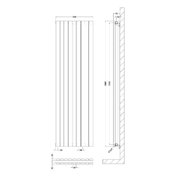 Nuie Vertical Designer Radiators,Modern Designer Radiators Nuie Revive Double Panel Vertical Designer Radiator - 1800mm x 528mm