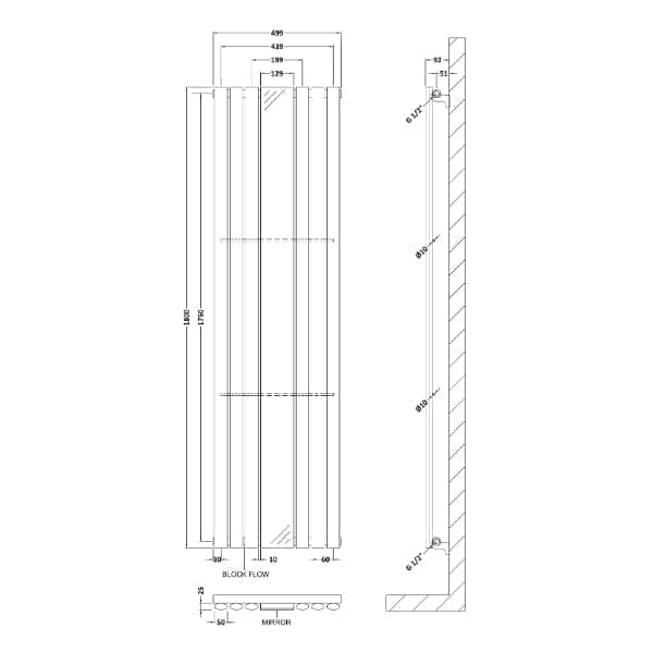 Nuie Vertical Designer Radiators,Modern Designer Radiators Nuie Revive Single Panel Vertical Designer Mirrored Radiator - 1800mm x 499mm