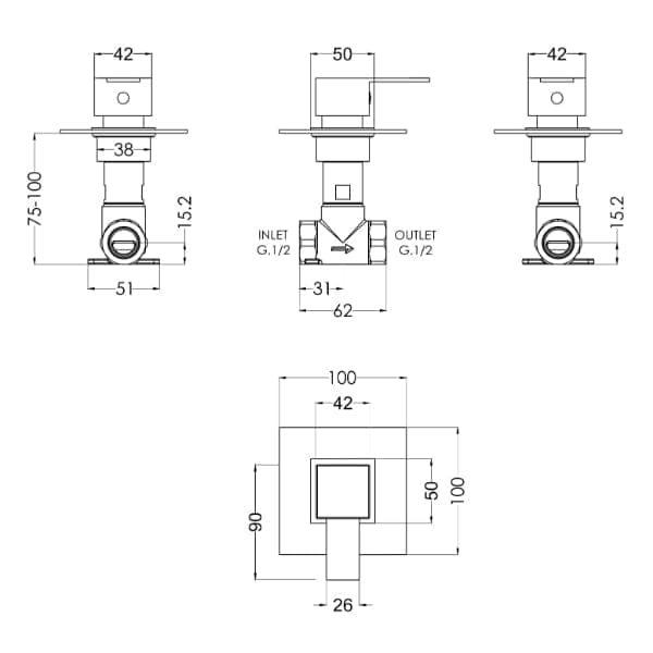 Nuie Manual Shower Valves Nuie Sanford Square Stop Tap Manual Concealed Shower Valve - Chrome