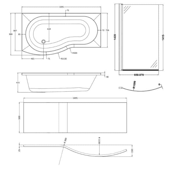 Nuie Shower Baths,Nuie,Modern Shower Baths Nuie Square B Shape Shower Bath With Screen And Front Panel - White