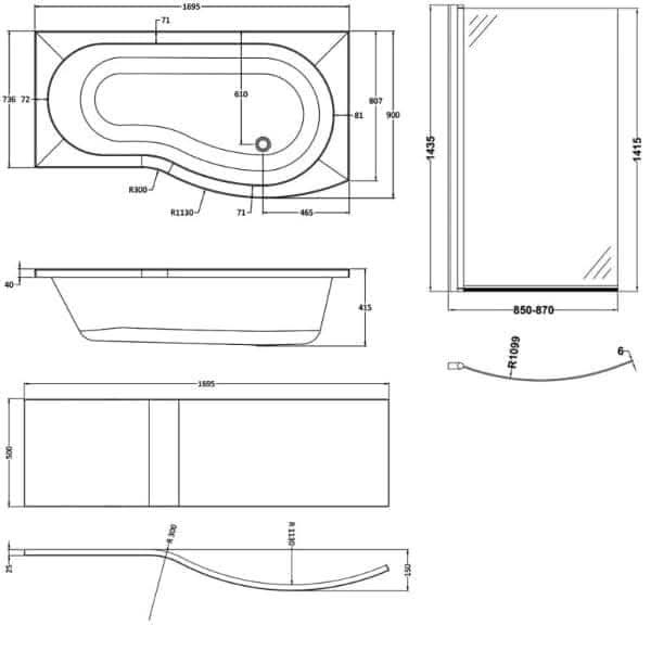 Nuie Shower Baths,Nuie,Modern Shower Baths Nuie Square B Shape Shower Bath With Screen And Front Panel - White