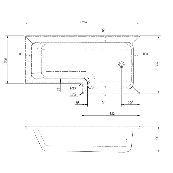 Nuie Shower Baths,Nuie,Modern Shower Baths Nuie Square L Shape Shower Bath With Screen And Front Panel - White