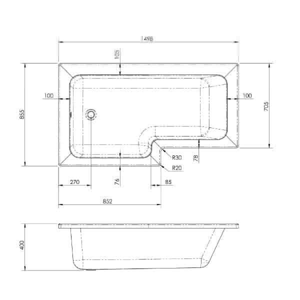 Nuie Shower Baths,Nuie,Modern Shower Baths Nuie Square L Shape Shower Bath With Screen And Front Panel - White