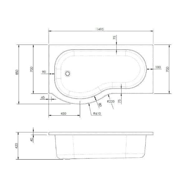 Nuie Shower Baths,Nuie,Modern Shower Baths Nuie Square P Shape Shower Bath - White