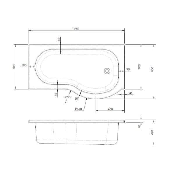 Nuie Shower Baths,Nuie,Modern Shower Baths Nuie Square P Shape Shower Bath - White