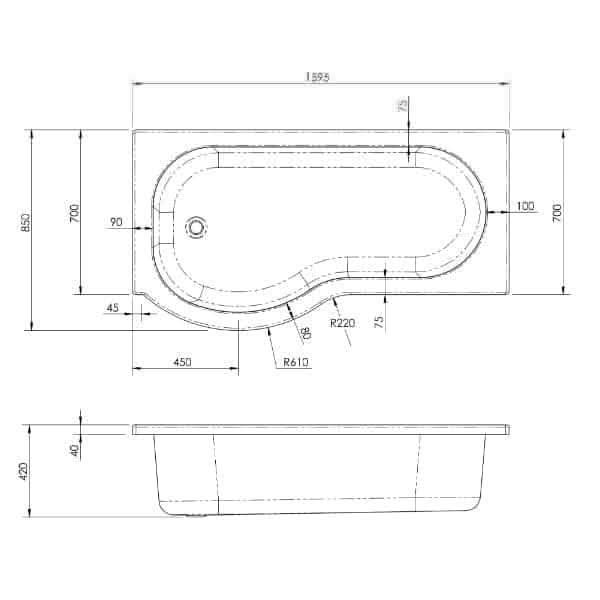 Nuie Shower Baths,Nuie,Modern Shower Baths Nuie Square P Shape Shower Bath - White