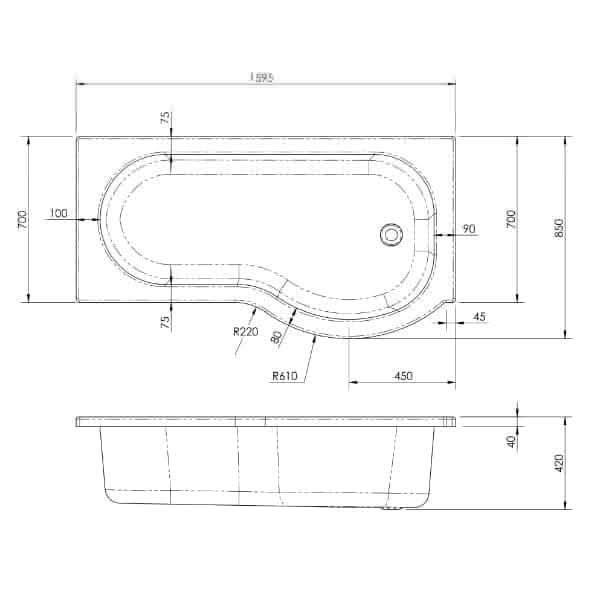 Nuie Shower Baths,Nuie,Modern Shower Baths Nuie Square P Shape Shower Bath - White